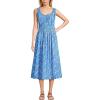 Lands’ End Women’s Sleeveless Poplin Smocked Midi Dress(Paradise Blue Tossed Floral)