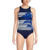 Lands’ End Women’s Tugless High Neck Strappy Back Tankini Swimsuit Top(Blue Stripe Floral Placement)