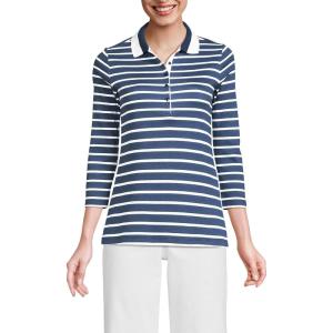 Lands’ End Women’s 3/4 Sleeve American-Grown Supima Cotton Polo Shirt(Deep Sea Breton Stripe Tipped)