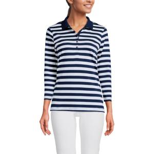 Lands’ End Women’s 3/4 Sleeve American-Grown Supima Cotton Polo Shirt(Deep Sea/Blue Multi Stripe)