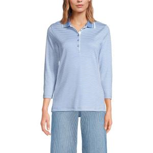 Lands’ End Women’s 3/4 Sleeve American-Grown Supima Cotton Polo Shirt(Light Sea Blue Stripe/White)