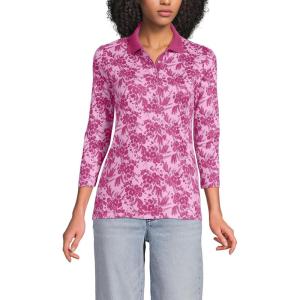 Lands’ End Women’s 3/4 Sleeve American-Grown Supima Cotton Polo Shirt(Pink/Raspberry Wildflowers)