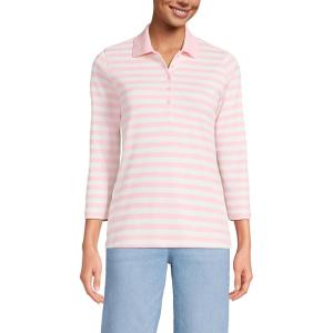 Lands’ End Women’s 3/4 Sleeve American-Grown Supima Cotton Polo Shirt(Sea Salt Pink Even Stripe)