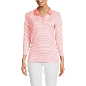 Lands’ End Women’s 3/4 Sleeve American-Grown Supima Cotton Polo Shirt(Sunset Coral Pink Micro Stripe)