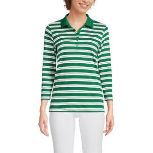 Lands’ End Women’s 3/4 Sleeve American-Grown Supima Cotton Polo Shirt(Vibrant Clover Multi Stripe)