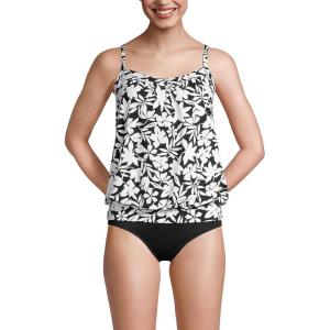 Lands’ End Women’s Blouson Tummy Hiding Tankini Top Swimsuit Adjustable Straps(Black Havana Floral)
