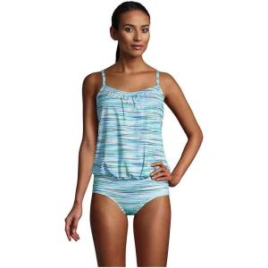 Lands’ End Women’s Blouson Tummy Hiding Tankini Top Swimsuit Adjustable Straps(Paradise Aqua Space Dye)