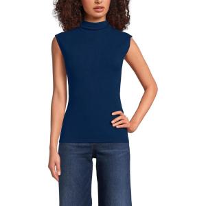Lands’ End Women’s Cap Sleeve Drapey Rib Fitted Funnel Neck Tank(Deep Sea Navy)