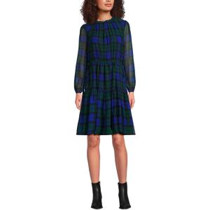 Lands’ End Women’s Chiffon Above The Knee Adjustable Dress(Cobalt Blackwatch Plaid)