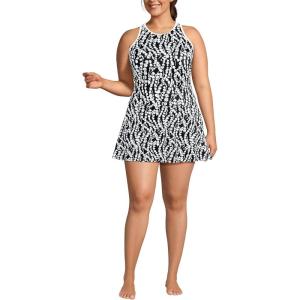 Lands’ End Women’s Chlorine Resistant Tugless High Neck Swim Dress One Piece Swimsuit(Black/White Vine Floral)