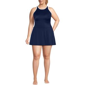 Lands’ End Women’s Chlorine Resistant Tugless High Neck Swim Dress One Piece Swimsuit(Deep Sea Navy/White)