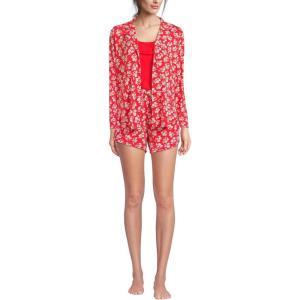 Lands’ End Women’s Cooling 3 Piece Pajama Set – Long Sleeve Top Cami and Shorts(Coral Red Blooms)
