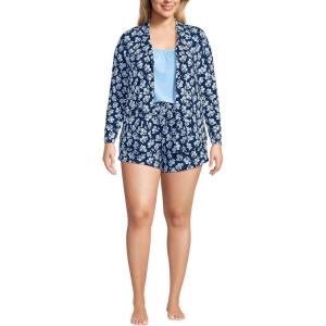 Lands’ End Women’s Cooling 3 Piece Pajama Set – Long Sleeve Top Cami and Shorts(Deep Sea Navy Blooms)