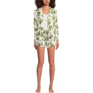 Lands’ End Women’s Cooling 3 Piece Pajama Set – Long Sleeve Top Cami and Shorts(Ivory/Green Elegant Floral)