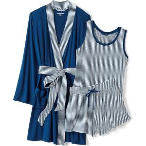 Lands’ End Women’s Cooling 3 Piece Pajama Set – Robe Tank and Shorts(Deep Sea Navy Mini Stripe)