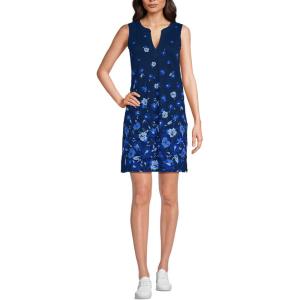 Lands’ End Women’s Cotton Jersey Notch Neck Dress with Soutache(Deep Sea Navy Abstract Floral)