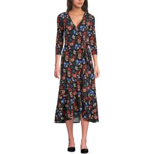 Lands’ End Women’s Cotton Modal 3/4 Sleeve Vneck Wrap Dress(Black Multi Floral)