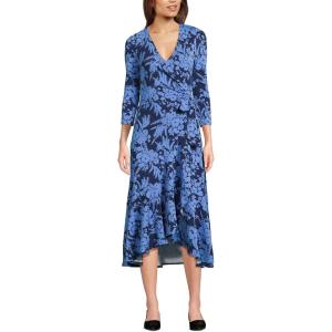 Lands’ End Women’s Cotton Modal 3/4 Sleeve Vneck Wrap Dress(Deep Sea Navy Wildflowers)