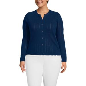 Lands’ End Women’s Cotton Pointelle Satin Trim Cardigan Sweater(Deep Sea Navy)