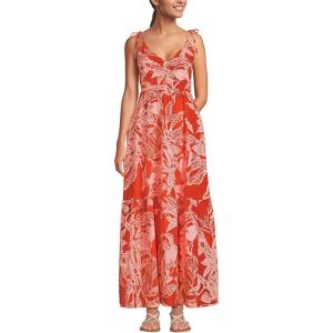Lands’ End Women’s Cotton Voile Vneck Tie Strap Maxi Dress(Mandarin Orange Etched Leaves)
