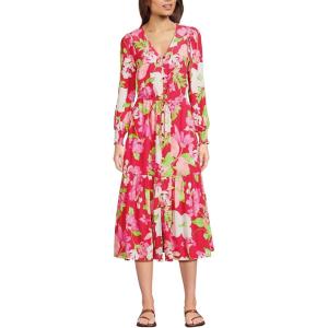 Lands’ End Women’s Crepe Button Front Long Sleeve Midi Dress(Berry Rouge Lilies)