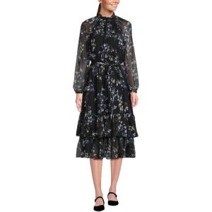 Lands’ End Women’s Crinkle Chiffon Ruffle Dress(Black/Lapis Fall Floral)
