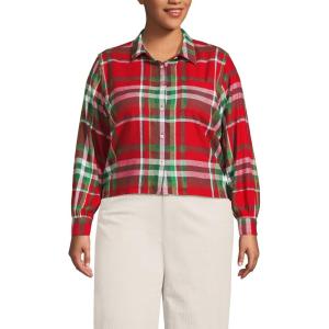 Lands’ End Women’s Cropped Flannel Shirt(Compass Red/Emerald Plaid)