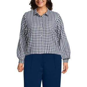 Lands’ End Women’s Cropped Flannel Shirt(Deep Sea/Ivory Mini Check)