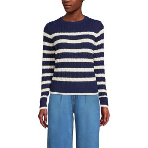Lands’ End Women’s Drifter Modern Cable Crew Sweater(Deep Sea Navy/Ivory Stripe)