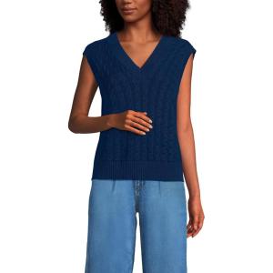 Lands’ End Women’s Drifter Modern Cable V Neck Vest Sweater(Deep Sea Navy)