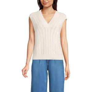 Lands’ End Women’s Drifter Modern Cable V Neck Vest Sweater(Fresh Ivory)
