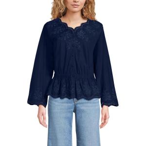 Lands’ End Women’s Embroidered Poplin Long Sleeve Blouse(Deep Sea Navy)