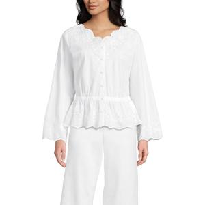 Lands’ End Women’s Embroidered Poplin Long Sleeve Blouse(White)