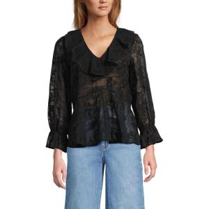 Lands’ End Women’s Feminine Ruffle Chiffon V Neck Blouse(Black)