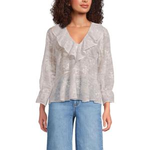 Lands’ End Women’s Feminine Ruffle Chiffon V Neck Blouse(Ivory)
