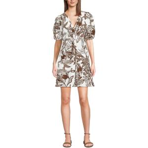 Lands’ End Women’s Linen Above The Knee Puff Sleeve Dress(Vanilla/Bark Etched Leaves)