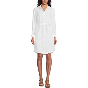Lands’ End Women’s Linen Long Sleeve Button Front Shirt Dress(White)