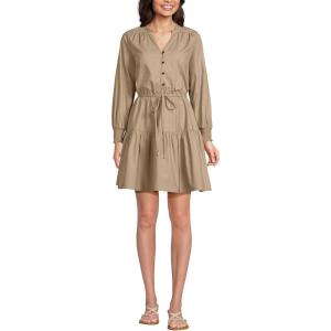 Lands’ End Women’s Long Sleeve Cotton Poplin Mini Popover Dress(Desert Tan)