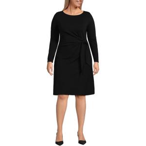 Lands’ End Women’s Long Sleeve Lightweight Cotton Modal Boatneck Tie Waist Dress(Black)