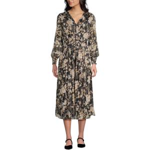 Lands’ End Women’s Lurex Shadow Stripe Midi Dress(Black/Pumice Stone Floral)