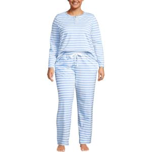 Lands’ End Women’s Petite Knit 2 Piece Pajama Set – Long Sleeve Top and Pants(Clear Blue Sky Even Stripe)