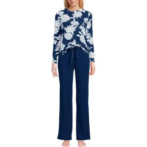 Lands’ End Women’s Petite Knit 2 Piece Pajama Set – Long Sleeve Top and Pants(Deep Sea Navy Daisies)