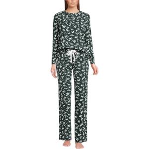 Lands’ End Women’s Petite Knit 2 Piece Pajama Set – Long Sleeve Top and Pants(Forest/Ivory Ditsy Floral)