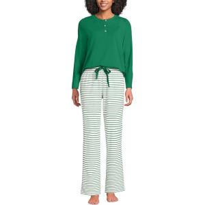 Lands’ End Women’s Petite Knit 2 Piece Pajama Set – Long Sleeve Top and Pants(Ivory/Clover Simple Stripe)