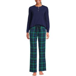 Lands’ End Women’s Petite Knit 2 Piece Pajama Set – Long Sleeve Top and Pants(Light Emerald Blackwatch)