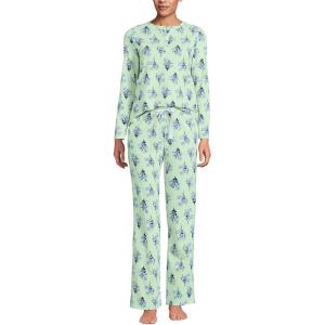 Lands’ End Women’s Petite Knit 2 Piece Pajama Set – Long Sleeve Top and Pants(Mint/Blue Sky Vintage Floral)