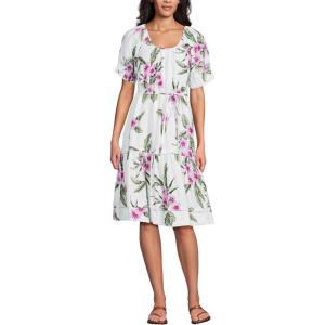Lands’ End Women’s Puff Sleeve Pleated Linen Knee Length Dress(White/Magenta Plumeria)