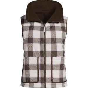 Lands’ End Women’s Sherpa Fleece Reversible Mixed Media Vest(Rich Coffee/Brown Check)