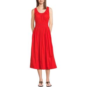 Lands’ End Women’s Sleeveless Poplin Smocked Midi Dress(Coral Red)