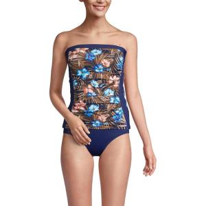 Lands’ End Women’s Strapless Bandeau Tankini Top Swimsuit with Removable and Adjustable Straps(Deep Sea Navy Tropic Palm)